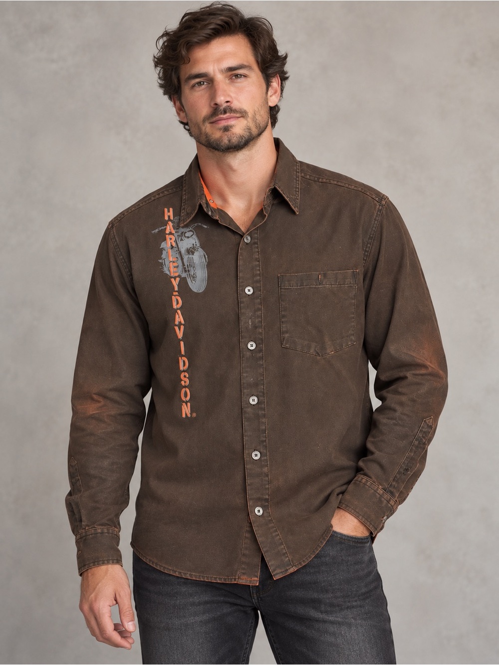 Harley-Davidson Brown Button-Down Shirt with Orange Logo